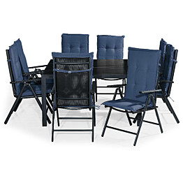 Ruokailuryhmä Tunis 8 Monaco Lyx tuolia + siniset pehmusteet musta