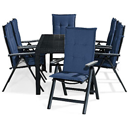 Ruokailuryhmä Melody 6 Monaco Light tuolia + siniset pehmusteet musta