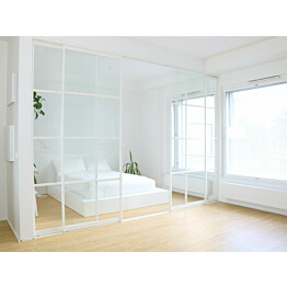 Tilanjakaja/liukuovi Mirror Line, neljällä ovella, valkoinen, korkea malli, mittatilaus