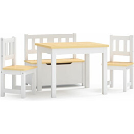 3-osainen lasten pöytä ja tuolisarja säilytyspenkillä, valkoinen ja beige, MDF