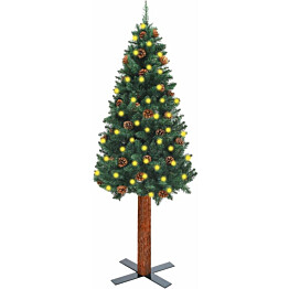 Kapea joulukuusi LED-valoilla, aito puu ja kävyt, vihreä