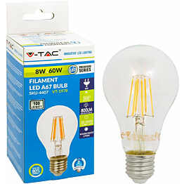 LED-polttimo V-TAC 8W E27 2700 K, 800 lm, A67 filamentti