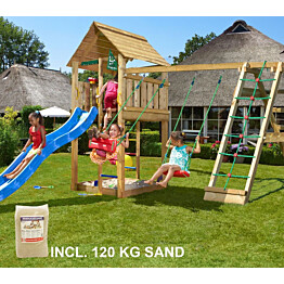 Leikkikeskus Jungle Gym Cabin ja Climb Module X&#039;tra sis. 120 kg hiekkaa ja sinisen liukumäen