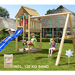 Leikkikeskus Jungle Gym Cabin ja Swing Module X&#039;tra sis. 120 kg hiekkaa ja sinisen liukumäen