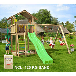 Leikkikeskus Jungle Gym Chalet ja Swing Module X&#039;tra sis. 120 kg hiekkaa ja vihreän liukumäen