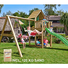 Leikkikeskus Jungle Gym Cubby ja Swimg Module X&#039;tra sis. 120 kg hiekkaa ja vihreän liukumäen