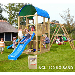 Leikkikeskus Jungle Gym Farm ja Climb Module X&#039;tra sis. 120 kg hiekkaa ja sinisen liukumäen