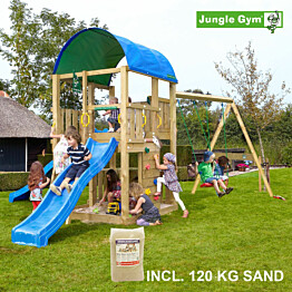 Leikkikeskus Jungle Gym Farm ja Swing Module X&#039;tra sis. 120 kg hiekkaa ja sinisen liukumäen