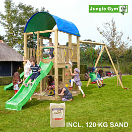 Leikkikeskus Jungle Gym Farm ja Swing Module X&#039;tra sis. 120 kg hiekkaa ja vihreän liukumäen