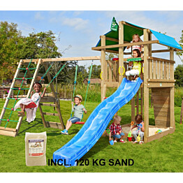 Leikkikeskus Jungle Gym Fort ja Climb Module X&#039;tra sis. 120 kg hiekkaa ja sinisen liukumäen