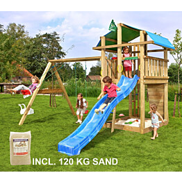 Leikkikeskus Jungle Gym Fort ja Swing Module X&#039;tra sis. 120 kg hiekkaa ja sinisen liukumäen