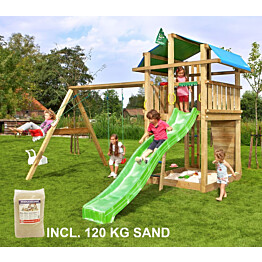 Leikkikeskus Jungle Gym Fort ja Swing Module X&#039;tra sis. 120 kg hiekkaa ja vihreän liukumäen