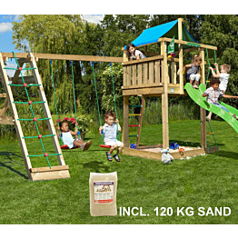 Leikkikeskus Jungle Gym Lodge ja Climb Module X&#039;tra sis. 120 kg hiekkaa ja vihreän liukumäen