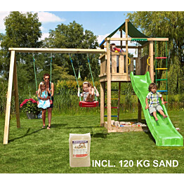 Leikkikeskus Jungle Gym Lodge ja Swing Module X&#039;tra sis. 120 kg hiekkaa ja vihreän liukumäen