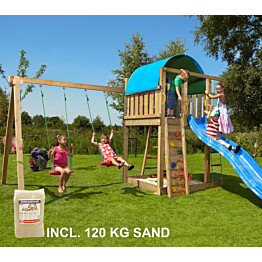 Leikkikeskus Jungle Gym Villa ja Swing Module X&#039;tra sis. 120 kg hiekkaa ja sinisen liukumäen