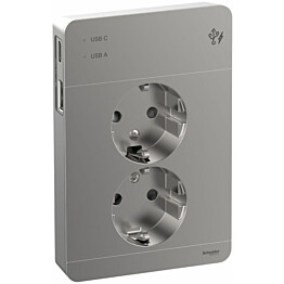 Pistorasia Schneider Electric Exxact, 2-osainen, peitelevyllä + 2x USB lataus A+C 3A, metalli