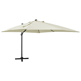 Riippuva aurinkovarjo 3 tangolla ja LED-valoilla 300 cm hiekka