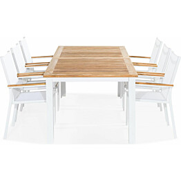 Ruokailuryhmä Las Vegas 220-280 cm jatkettava pöytä 6 pinottavaa tuolia valkoinen-tiikki