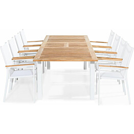 Ruokailuryhmä Las Vegas 220-280cm jatkettava pöytä 8 pinottavaa tuolia valkoinen-tiikki