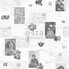 Tapetti Vintage Postcards 138128 0,53x10,05 m musta/valkoinen non-woven
