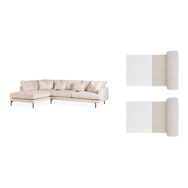 Divaanisohva Menard, 4-istuttava, vasenkätinen, L-muotoinen, Manchester-kangas, 2 niskatyynyä, beige (00793)