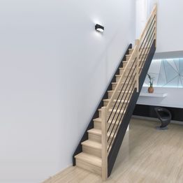 Portaat Dolle Helsinki suora tammi mustat porrasreunat kaide mustilla alumiinijohteilla umpinainen malli