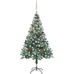 Huurteinen joulukuusi LED-valoilla, palloilla ja kävyillä 150 cm ruusukulta