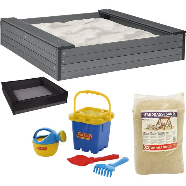 Hiekkalaatikko istuimilla Nordic Play, 24x120x120cm, komposiitti, sis. verkko, 240 kg hiekkaa ja sininen hiekkalelusetti