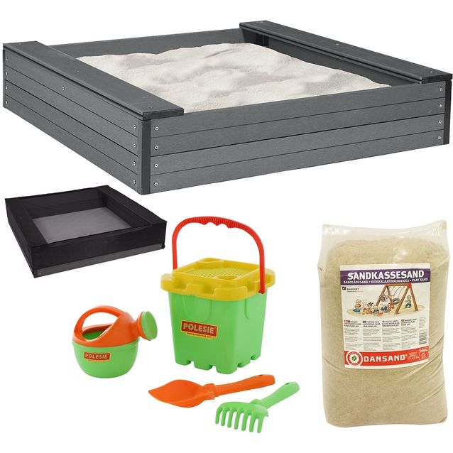 Hiekkalaatikko istuimilla Nordic Play, 24x120x120cm, komposiitti, sis. verkko, 240 kg hiekkaa ja vihreä hiekkalelusetti