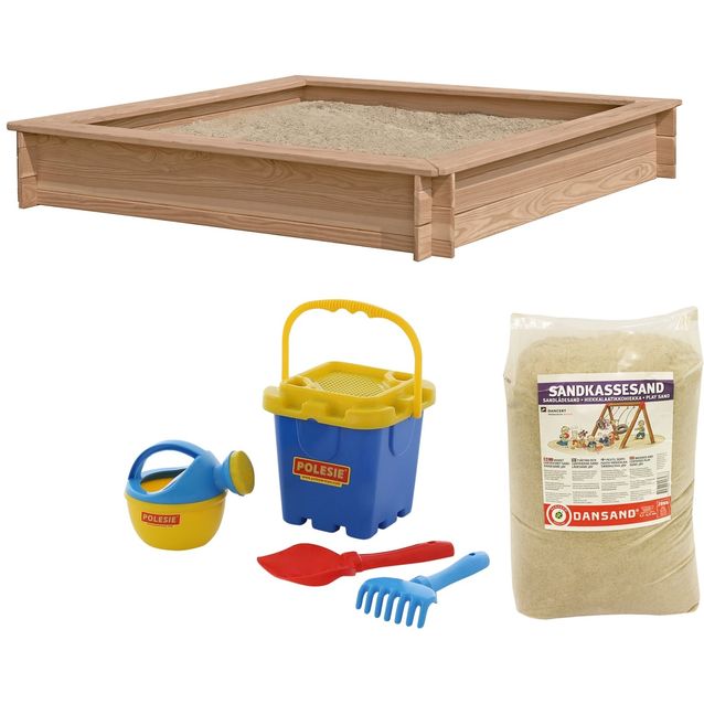 Hiekkalaatikko Nordic Play, 150x150cm, lehtikuusi, sis. 240kg hiekkaa ja sininen hiekkalelusetti