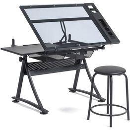 Piirustuspöytä Lykke, lasilevyllä ja jakkaralla