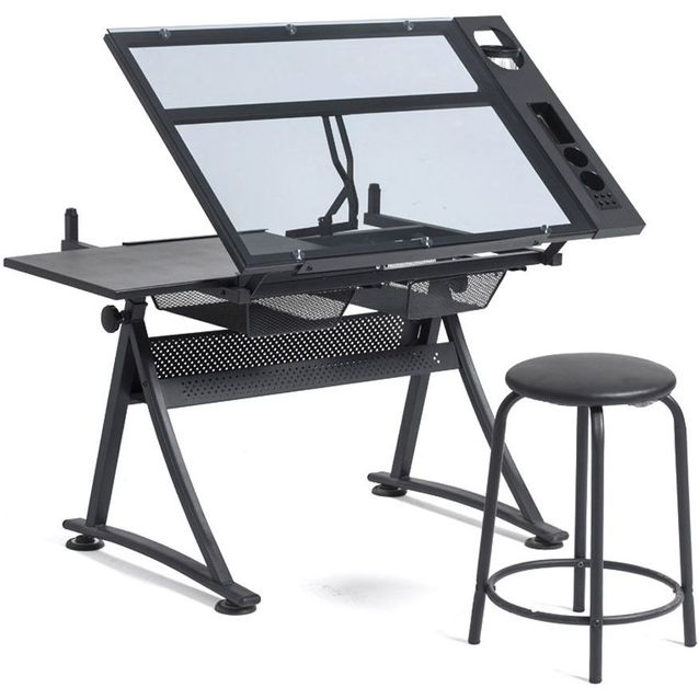 Piirustuspöytä Lykke, lasilevyllä ja jakkaralla