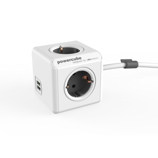 Jatkojohto Allocacoc PowerCube Extended USB 15m 4-osainen + 2 x USB harmaa/valkoinen