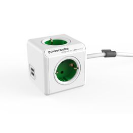 Jatkojohto Allocacoc PowerCube Extended USB 1,5 m 4-osainen + 2 x USB-A vihreä/valkoinen