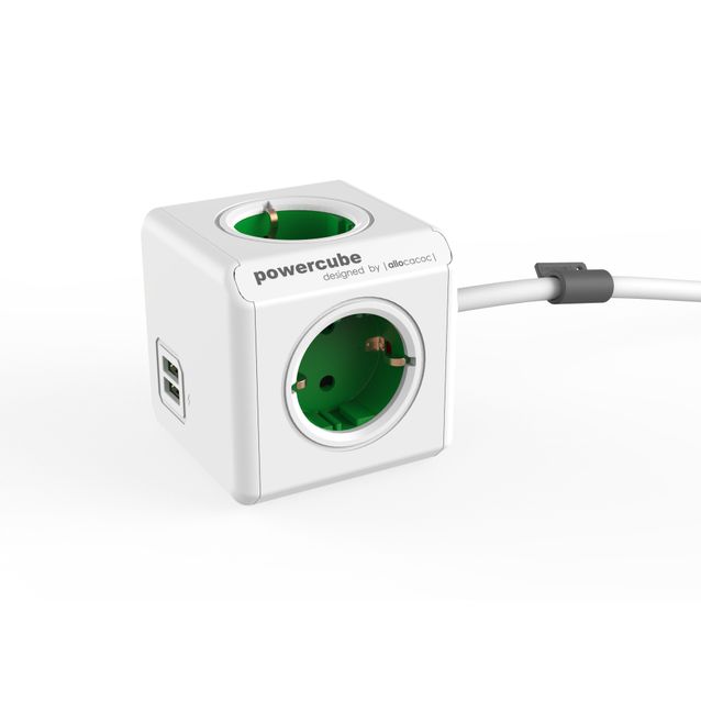 Jatkojohto Allocacoc PowerCube Extended USB 15m 4-osainen + 2 x USB vihreä/valkoinen