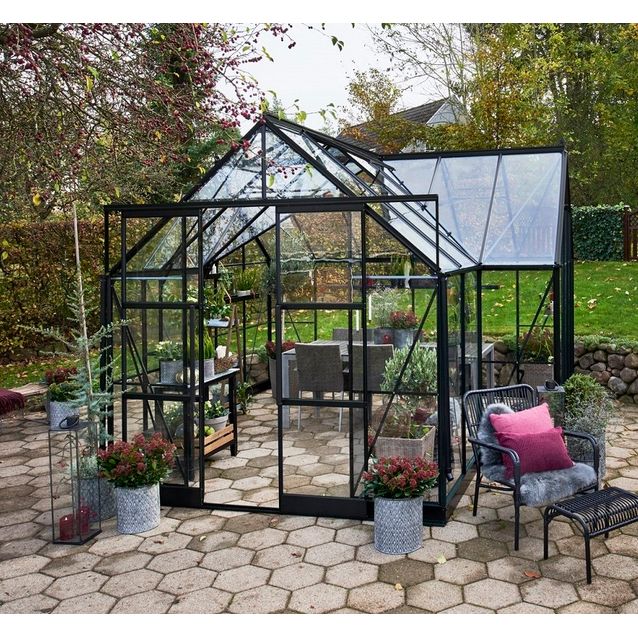 Kasvihuone Halls Garden Room 12,9 m² turvalaseilla musta alumiinirunko