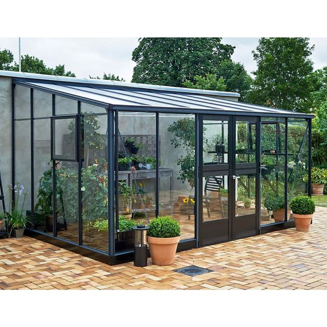 Kasvihuone Veranda 12,9m², antrasitmusta alumiinirunko, turvalasit ja kennokatto