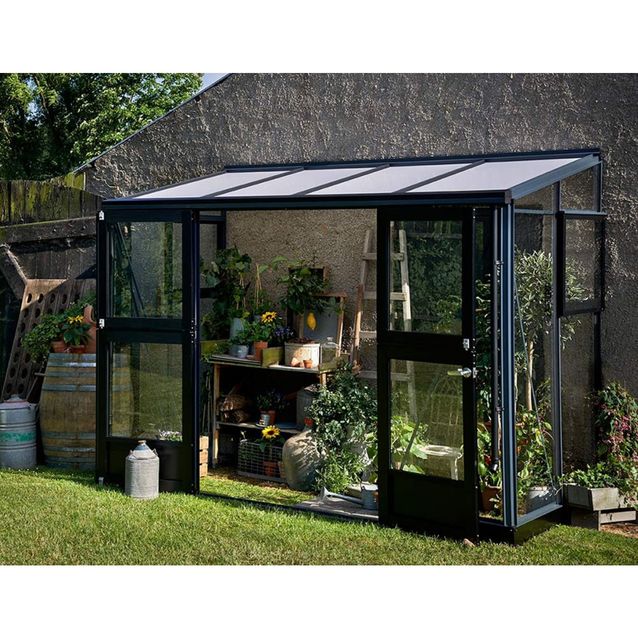 Kasvihuone Veranda 4,4m², antrasitmusta alumiinirunko, turvalasit, kennolevykatto