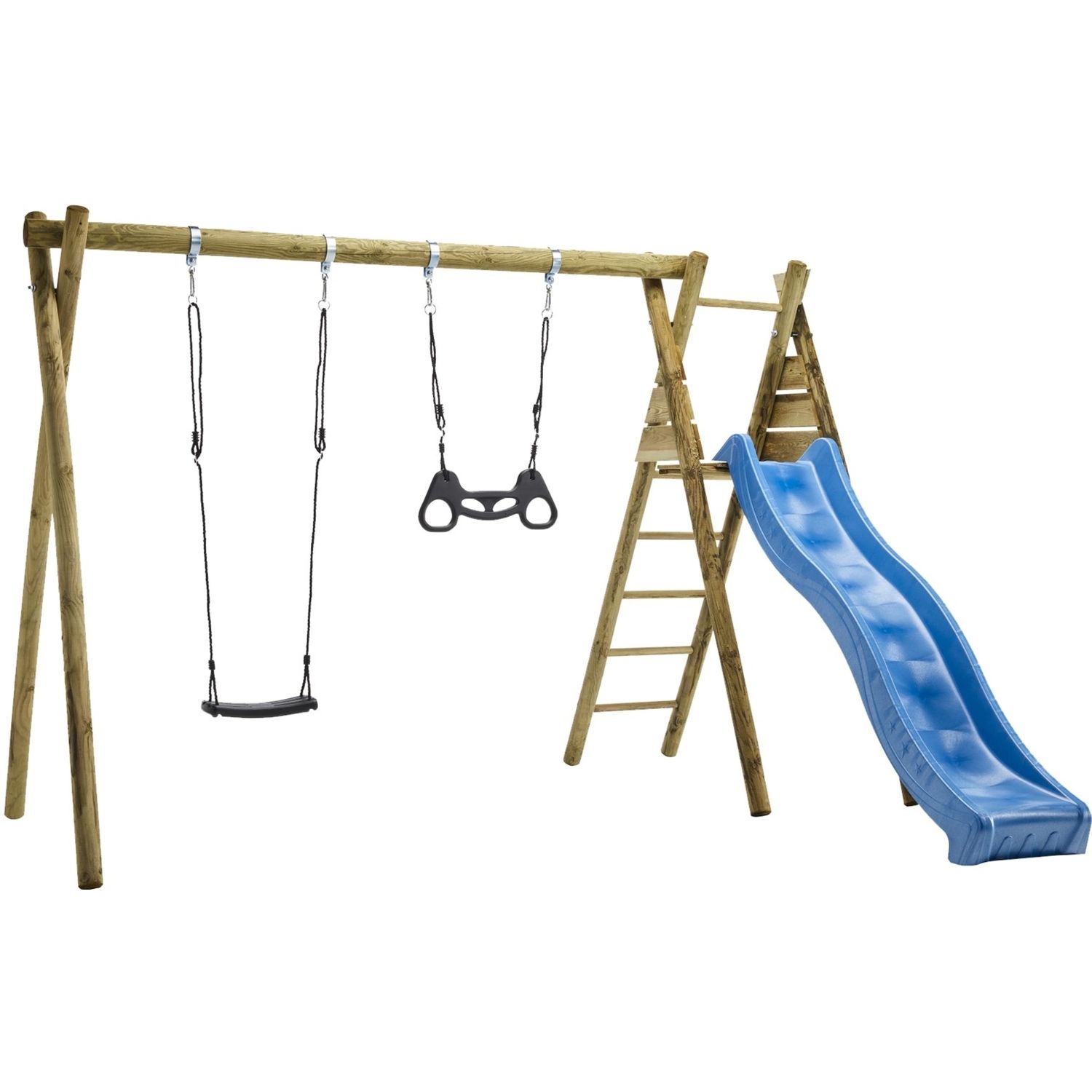 Keinuteline Nordic Play maahan kaivettava sis, keinuistuin trapetsikeinu keinukiinnikket ja sininen liukumäki