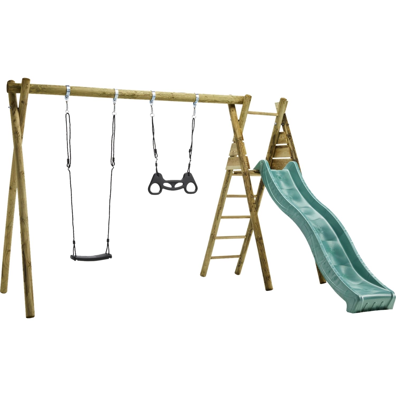 Keinuteline Nordic Play sis, keinuistuin trapetsikeinu keinukiinnikket ja vihreä liukumäki