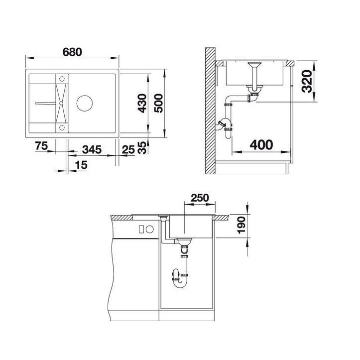 Keittiöallas Blanco Metra 45 S Compact 680x500 mm Silgranit mitat