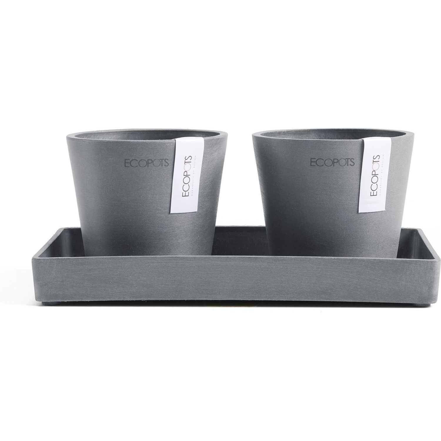 Kukkaruukut tarjottimella Ecopots Amsterdam 105cmx2kpl & esillepanotarjotin 25cm siniharmaa