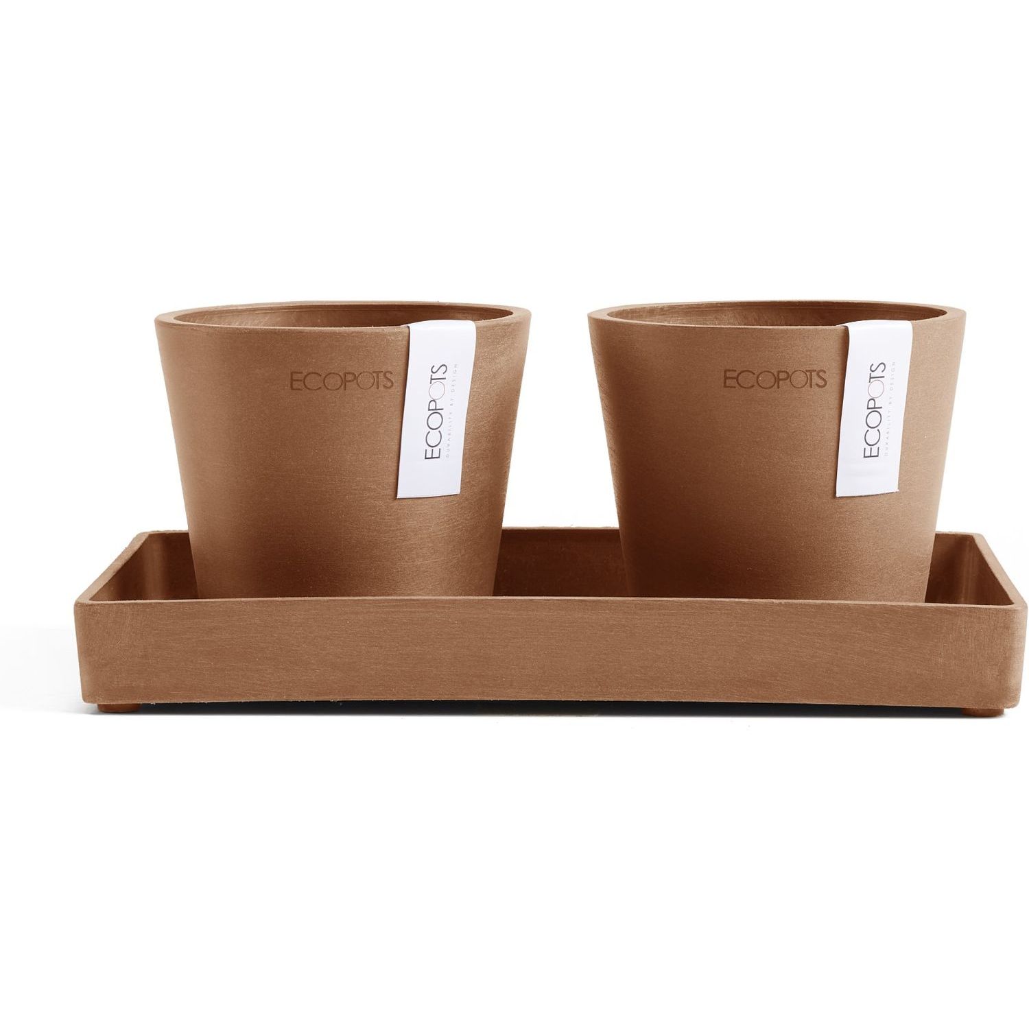 Kukkaruukut tarjottimella Ecopots Amsterdam 105cmx2kpl & esillepanotarjotin 25cm terracotta