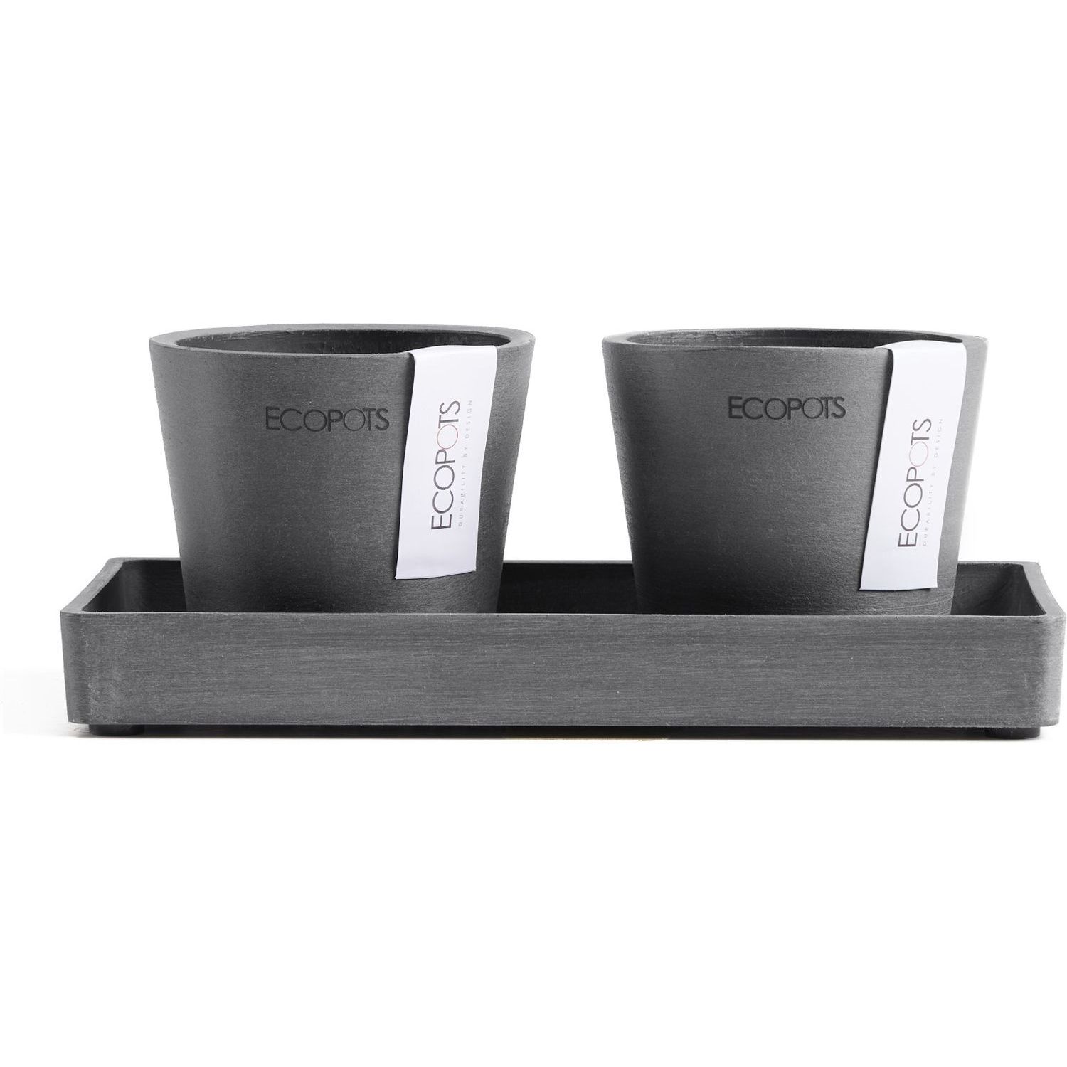 Kukkaruukut tarjottimella Ecopots Amsterdam 8cmx2kpl & esillepanotarjotin 20cm harmaa