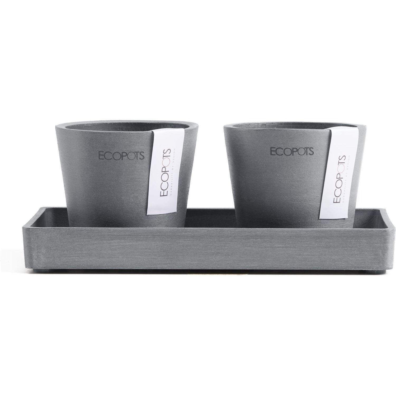 Kukkaruukut tarjottimella Ecopots Amsterdam 8cmx2kpl & esillepanotarjotin 20cm siniharmaa
