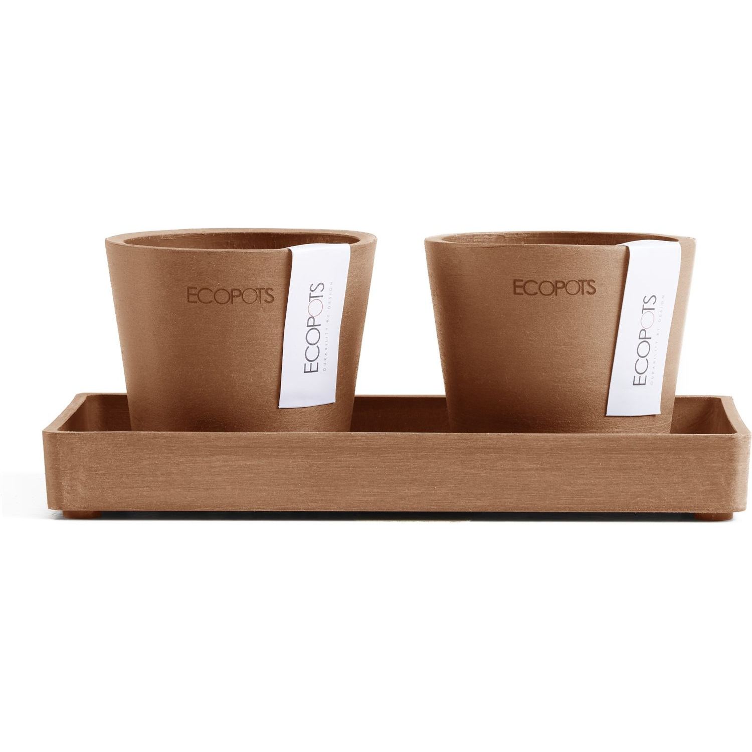 Kukkaruukut tarjottimella Ecopots Amsterdam 8cmx2kpl & esillepanotarjotin 20cm terracotta