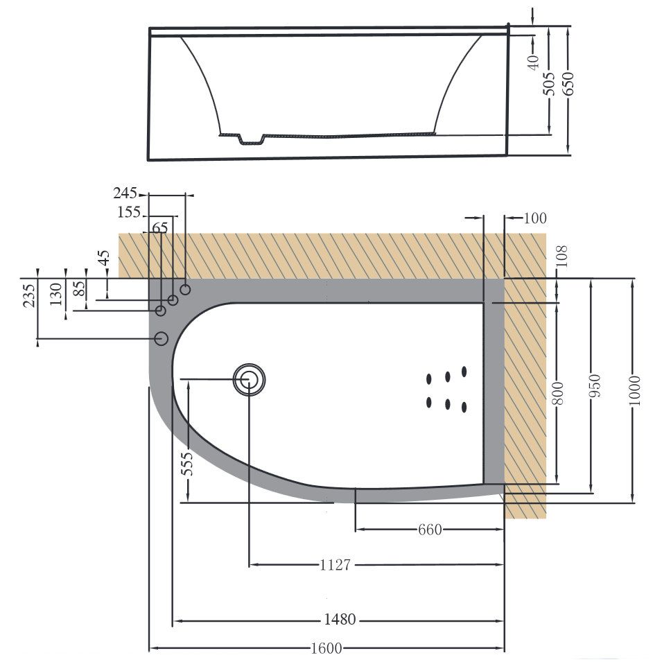 Kylpyamme Noro Soft 1600x1000x650 mm vasen akryyli valkoinen mitat
