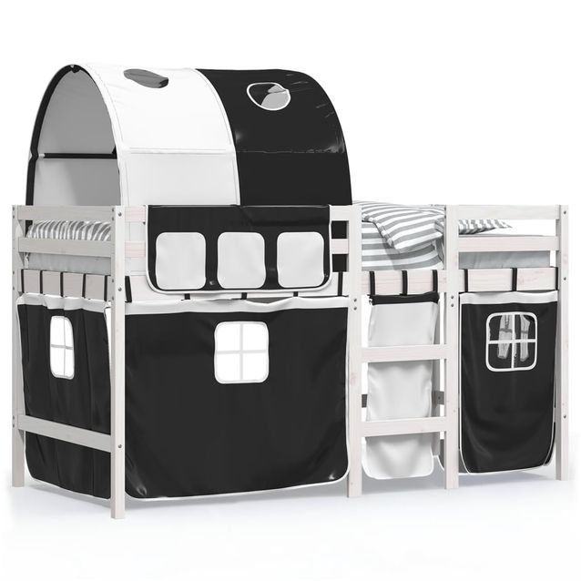 Lasten parvisänky tunnelilla mustavalk. 80x200 cm täysi mänty (83838)