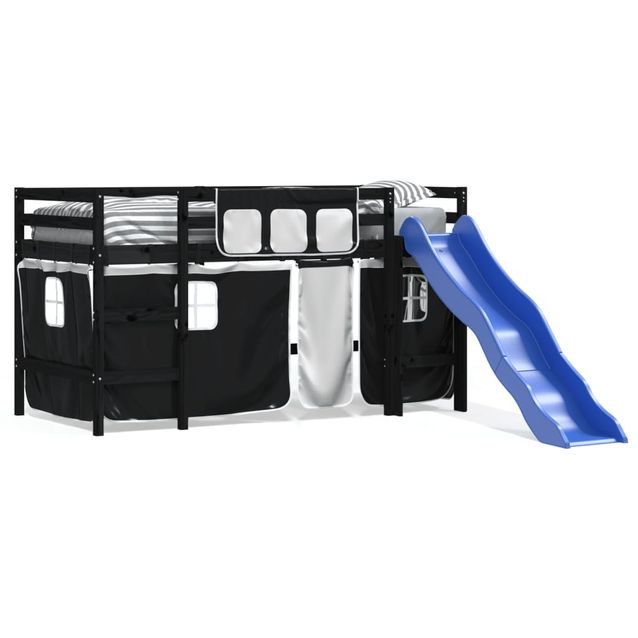 Lasten parvisänky verhoilla mustavalk. 80x200 cm täysi mänty (07015)