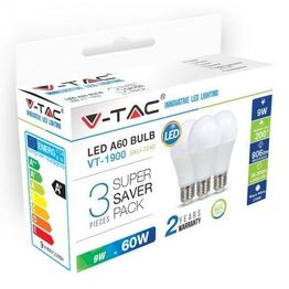 LED-lamppu V-TAC A60 Vt-1900 E27 10W 2700K Ø 60mm valkoinen 3 kpl/pkt